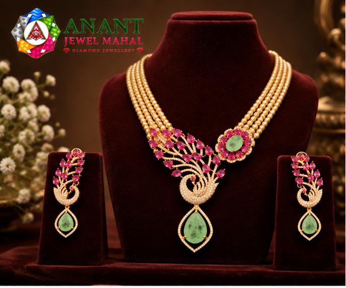 Necklaces - Pink Emerald Peacock Kundan Necklace Set